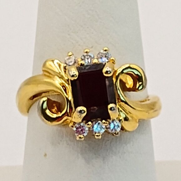 Vintage Womens Garnet Cubic Zirconium Gold Plated Ring Size 8 Elegant Ornate